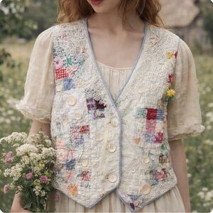 Vintage Handmade Patchwork Lace Vest Boho Cottagecore Button Embellished S/M